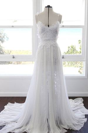 White Lace Chiffon A-line Spaghetti Strap Beach Wedding Dresses PW187