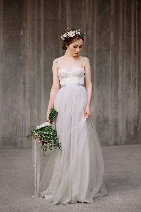 Light Grey A-line Tulle Spaghetti Straps Lace Top Beach Wedding Dresses PW198