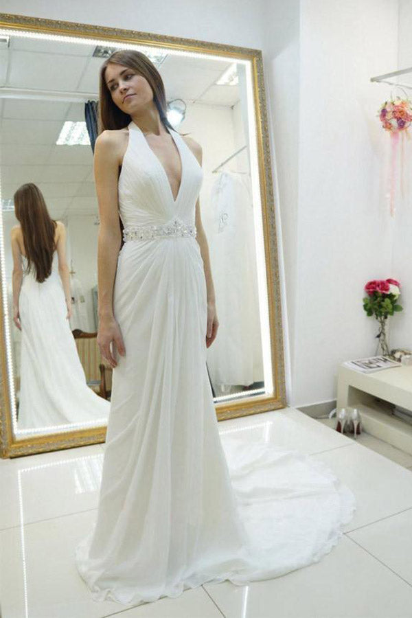 Chiffon Sheath Halter Backless Beaded Wedding Dress With Sweep Train PW202