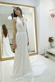 Chiffon Sheath Halter Backless Beaded Wedding Dress With Sweep Train PW202