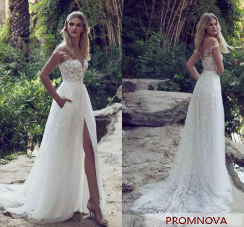 Boho Off Shoulder Lace Cap Sleeves Beach Wedding Dress with Slit US10 / As Picture