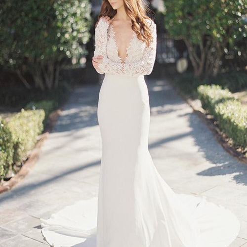 Fabulous Deep V-Neck Lace Top Mermaid Long Sleeve Wedding Dress PW208