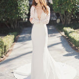 Fabulous Deep V-Neck Lace Top Mermaid Long Sleeve Wedding Dress PW208