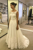 Cheap Lace A Line Ivory Long Beach Wedding Dresses with Belt PW216