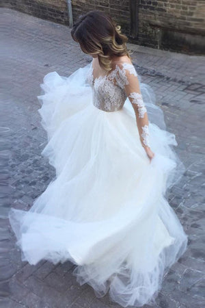 Fantastic Long Sleeves Ball Gown Ivory Tulle Wedding Dress with  Appliques PW219
