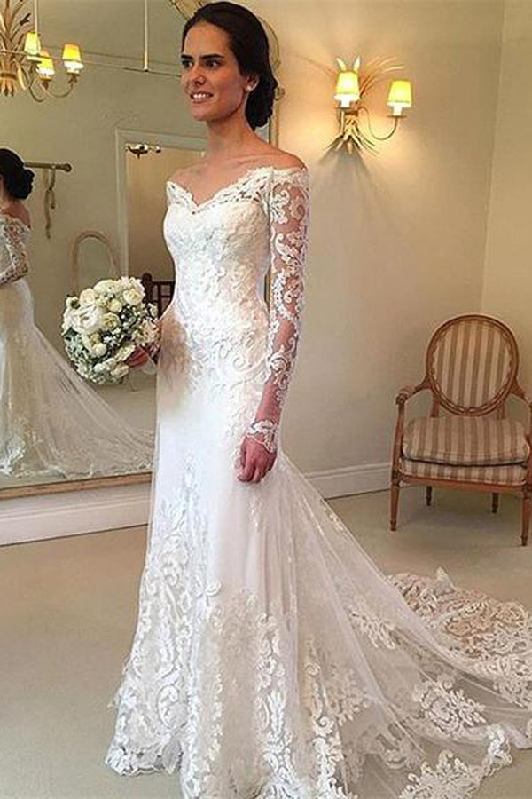 Lace V-Neck Long Sleeve Sweep Train Wedding Dress With Applique PW220