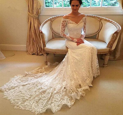Off the Shoulder Long Sleeves Lace Wedding Dress Bridal Gown US12 / As Picture Off the Shoulder Long Sleeves Lace Wedding Dress Bridal Gown US12 / As Picture