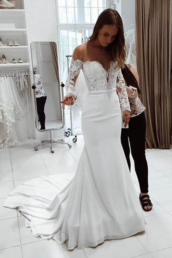 Gorgeous White Scoop Off Shoulder Mermaid Long Wedding Dress PW221