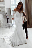 Gorgeous White Scoop Off Shoulder Mermaid Long Wedding Dress PW221