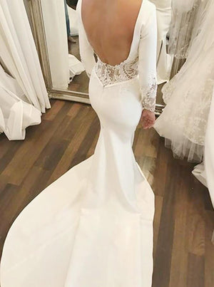 Mermaid Brush Train Long Sleeves Wedding Dresses Backless Slit Bridal Dress