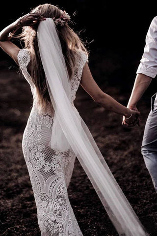 Beautiful Ivory Boho Lace Cap Sleeves Wedding Dresses PW258 | ivory wedding dresses | cheap wedding dresses | vintage wedding dresses | lace wedding dresses | wedding dresses online | wedding dresses near me | Promnova.com