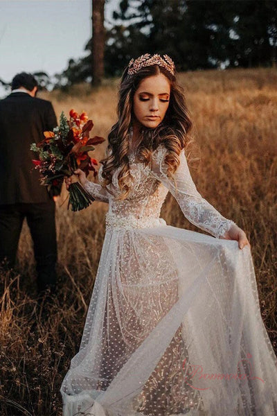 boho lace prom dress Floral Lace A Line V Neck Bohemian Prom Dresses -