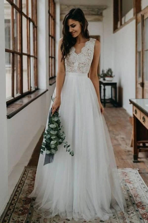 White Tulle Top Lace A Line Beach Wedding Dresses Bridal Gown PW262 | wedding dresses online | white wedding dresses | bridals | wedding gowns | wedding dress | cheap lace wedding dresses | promnova.com