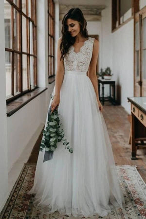 White Tulle Top Lace A Line Beach Wedding Dresses Bridal Gown PW262 | wedding dresses online | white wedding dresses | bridals | wedding gowns | wedding dress | cheap lace wedding dresses | promnova.com