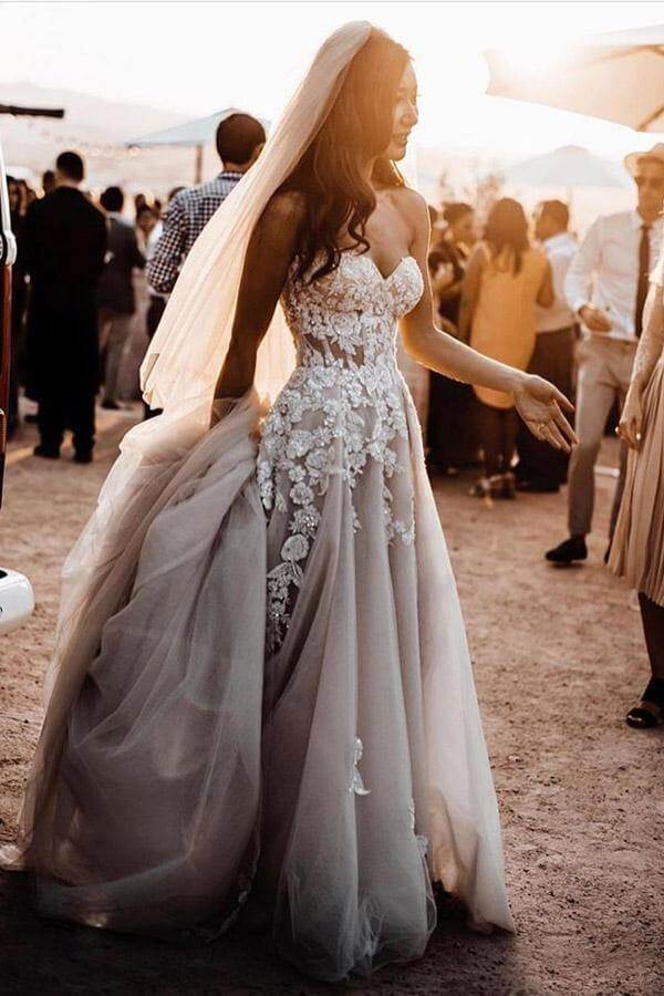 Boho Sweetheart Wedding Dresses With 3D Lace Appliques,  Bridal Gowns PW268 | boho wedding dresses | plus size wedding dresses | bridal gowns | beach wedding dresses | promnova.com