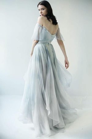 Unique Grey Blue Off Shoulder Long Prom Dresses, Wedding Dresses PW271 | bridal dresses | bridals | wedding dresses | weddings | promnova.com