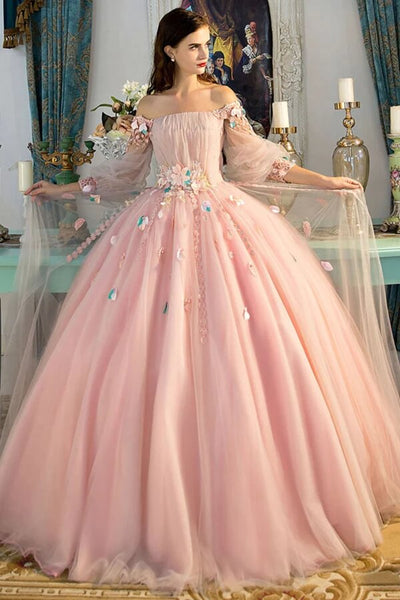 Pink Ball Gown Long Sleeves Off Shoulder Prom Dresses, Quinceanera Dress, PL421