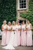 Pink Chiffon A Line One Shoulder Bridesmaid Dresses, Wedding Party Dress, PB155