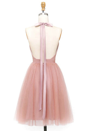 Pink Tulle A Line V Neck Backless Short Homecoming Dresses With Pleats, PH371 | short prom dresses | school event dresses | graduation dresses | promnova.com