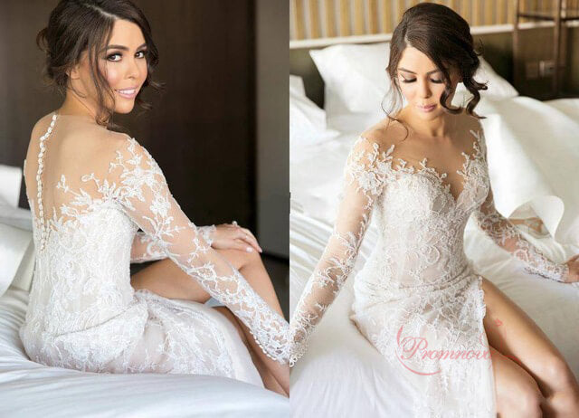 Gorgeous Sheath Column Sweep Brush Wedding Dresses Train Slit Bridal Gown | Long sleeves wedding dresses | wedding gowns | lace wedding dresses | wedding dresses cheap | wedding dresses online | wedding dresses near me | promnova.com