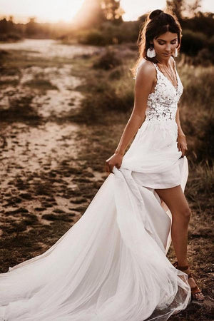 White A-line Lace Bodice V-neck Backless Wedding Dresses Bridal Dresses PW249 - Promnova.com