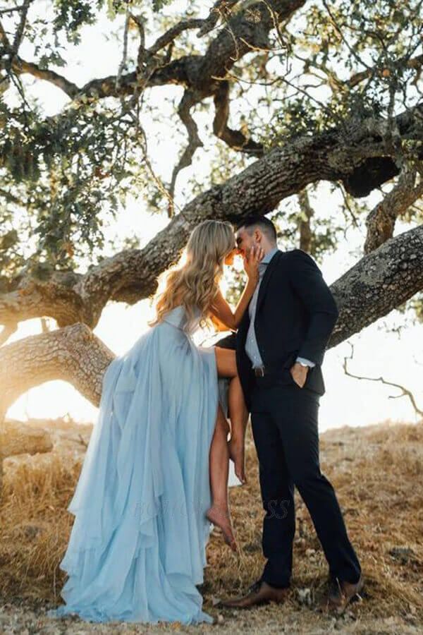 Sky Blue Simple Chiffon Beach Wedding Dress With Court Train PW257 | sky blue wedding dresses | wedding dresses | wedding gowns | simple wedding dresses | cheap wedding dresses | chiffon wedding dresses | bridals | wedding dresses online | wedding dresses near me | wedding dresses stores | Promnova.com