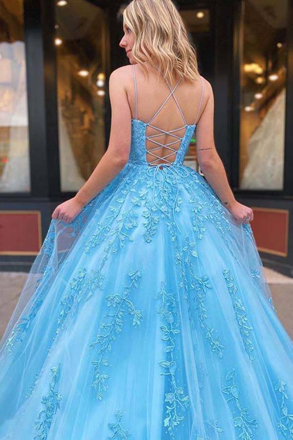 Blue Tulle A-Line Spaghetti Straps Prom Dresses With Lace Appliques PL402B | lace prom dresses | tulle prom dresses | cheap prom dresses | formal gowns | evening dresses | www.promnova.com