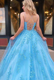 Blue Tulle A-Line Spaghetti Straps Prom Dresses With Lace Appliques PL402B | lace prom dresses | tulle prom dresses | cheap prom dresses | formal gowns | evening dresses | www.promnova.com