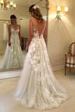 A-line V-neck Floor Length Tulle Lace Appliques Wedding Dresses PW235
