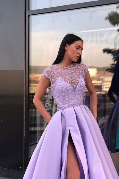 Purple A Line Beaded Short Sleeves Long Prom Dresses PL491