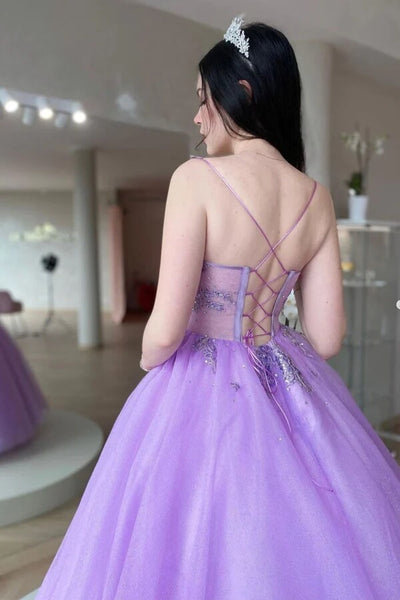Lilac Tulle A-line V-neck Lace Up Long Prom Dress MP663