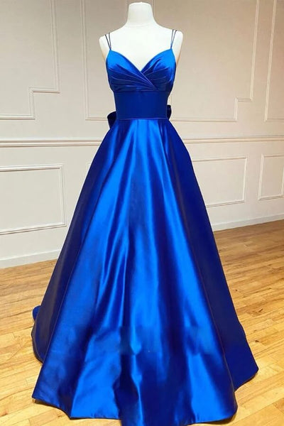 Royal Blue Satin A-Line Spaghetti Straps Prom Dresses PL447