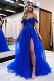 Royal Blue Tulle Lace Appliques A Line Off-the-Shoulder Prom Dresses, PL538
