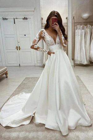 Satin A Line V Neck Long Sleeves Lace Appliques Vintage Wedding Dresses, PW340 | satin wedding dresses | long sleeves wedding dresses | a line wedding dress | promnova.com