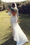 Sheath Ivory Lace Long Sleeves Open Back Wedding Dresses, Bridal Gown, PW299 | long sleeves wedding dress | beach wedding dresses | wedding dresses stores | promnova.com