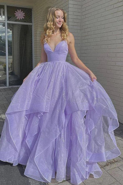 lavender a line prom dress Lavender Floral Appliques Puff Sleeves A-line Long Prom Dress Lavender / US 6