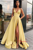 A-Line Spaghetti Straps V-Neck High Split Long Prom Dresses With Pockets PL403
