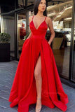 A-Line Spaghetti Straps V-Neck High Split Long Prom Dresses With Pockets PL403