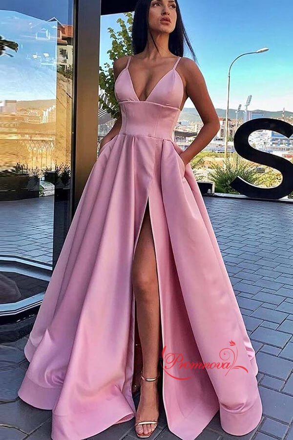 A-Line Spaghetti Straps V-Neck High Split Long Prom Dresses With Pockets PL403