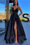 A-Line Spaghetti Straps V-Neck High Split Long Prom Dresses With Pockets PL403
