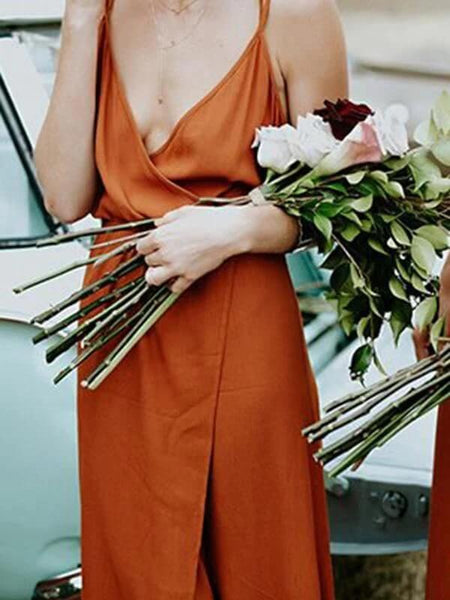 cheap orange bridesmaid dresses Tie Shoulder V-Neck Burnt Orange Long Bridesmaid Dress – FancyVestido main image 0