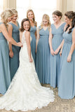 Simple Dusty Blue Chiffon A Line V Neck Floor Length Bridesmaid Dresses, PB170