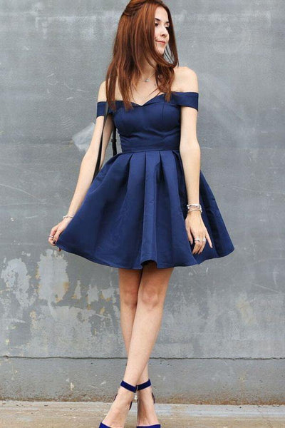 Navy Blue Satin A Line Off Shoulder Homecoming Dress PH386 | Promnova US16W / Custom Color Navy Blue Satin A Line Off Shoulder Homecoming Dress PH386 | Promnova US16W / Custom Color