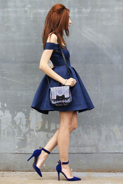 Simple Navy Blue Satin A Line Off-the-Shoulder Short Homecoming Dresses, PH386