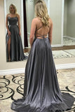 Simple Royal Blue Spaghetti Straps Open Back Prom Dresses With Slit PL408 | grey prom dresses | simple prom dresses | evening dresses | www.promnova.com