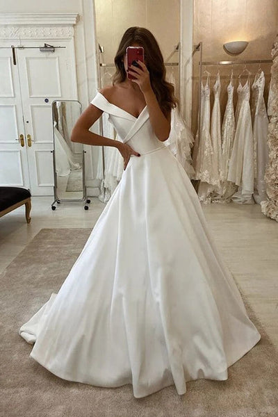 off shoulder plain wedding dress Simple Satin A Line Off-the-Shoulder Wedding Dresses PW323