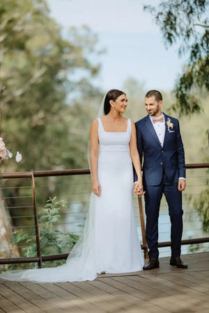 Simple Satin Sheath Square Neck Backless Wedding Dresses, Bridal Gown, PW311 | wedding dresses online | wedding   dresses near me | wedding gowns | promnova.com