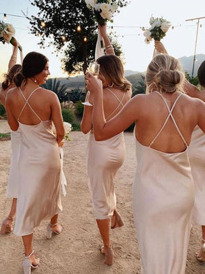 Simple Silk Satin Sheath Spaghetti Straps Backless Short Bridesmaid Dresses, PB135 | champagne bridesmaid dresses | junior bridesmaid dress | wedding party dress | promnova.com