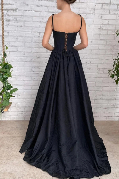 Simple Taffeta Black A Line Long Prom Dress With Slit PL496