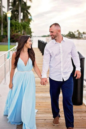 Sky Blue A Line V Neck Beach Wedding Dresses, Chiffon Wedding Gown, PW306 | boho wedding dress | bridal gowns | sexy wedding dress | promnova.com